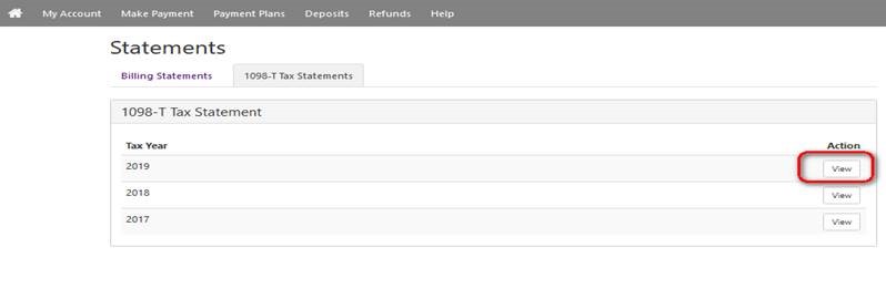 Screenshot of eBills page with 1098-T section highlighted. Screenshot of eBills page with 1098-T section highlighted.